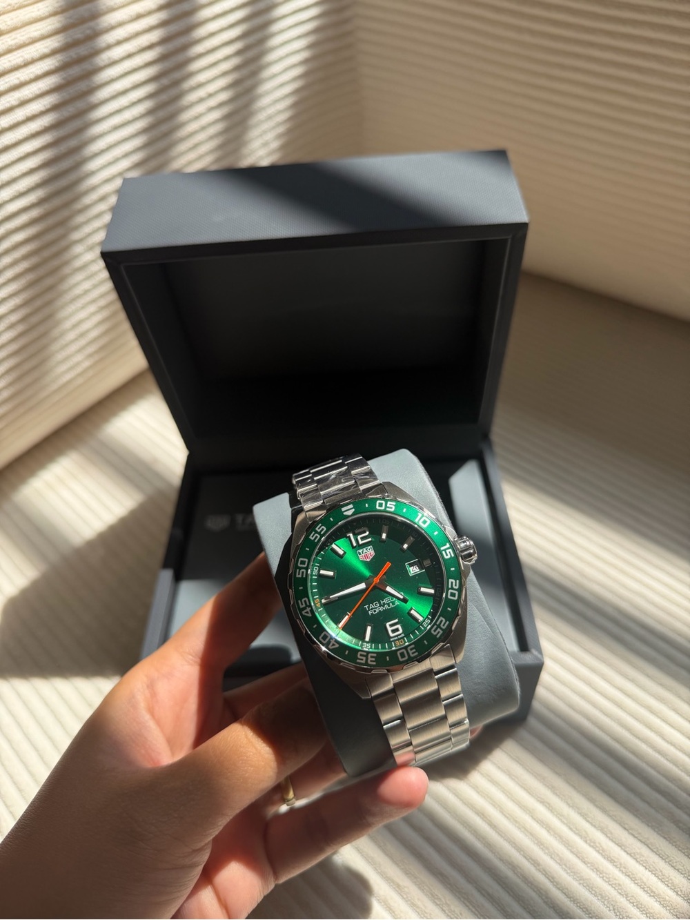 Tag Heuer Stainless Steel Watch with Green Dial and Bezel